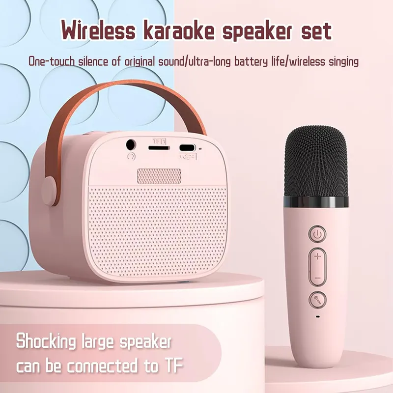 Детская портативная караоке-система с 2 микрофонами Без бренду, Bluetooth колонка с RGB, Розовая