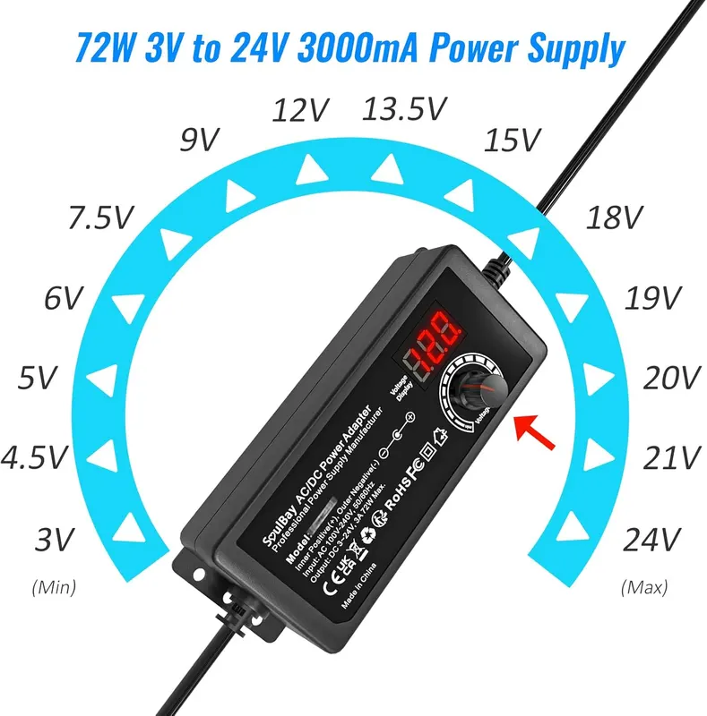 Универсальный регулируемый блок питания SoulBay 72W (3V-24V, 3A) с экраном, Набор 14 штекеров