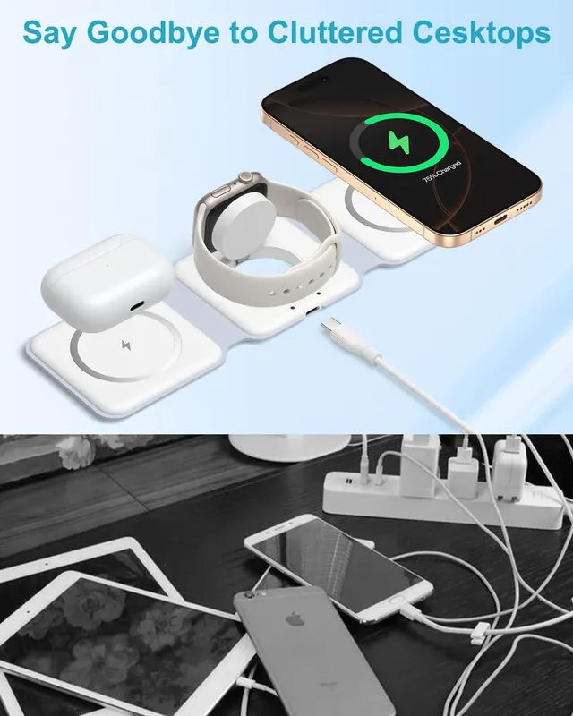 Складная беспроводная зарядка 3-в-1 (MagSafe) 15W Без бренду, Для iPhone/Watch/AirPods, Белая
