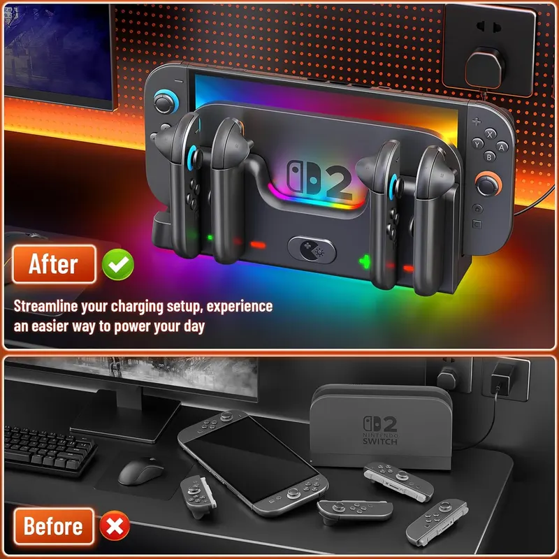 Switch 2 Controller Charger Station with 6 RGB Light Modes, Compatible with Nintendo Switch 2 Joy-con, Charges 6 Joycons & LED Indicator