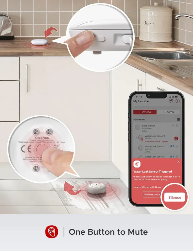 Умный Wi-Fi датчик протечки воды X-Sense с сиреной 110 дБ, Автономный, На батарейках