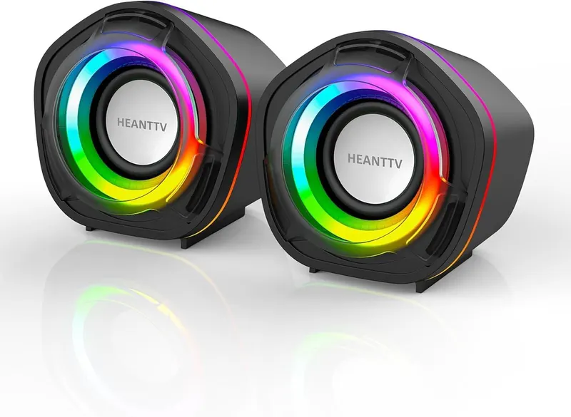 Компьютерные колонки 2.0 HEANTTV для ПК и монитора, USB питание, LED подсветка, Черные