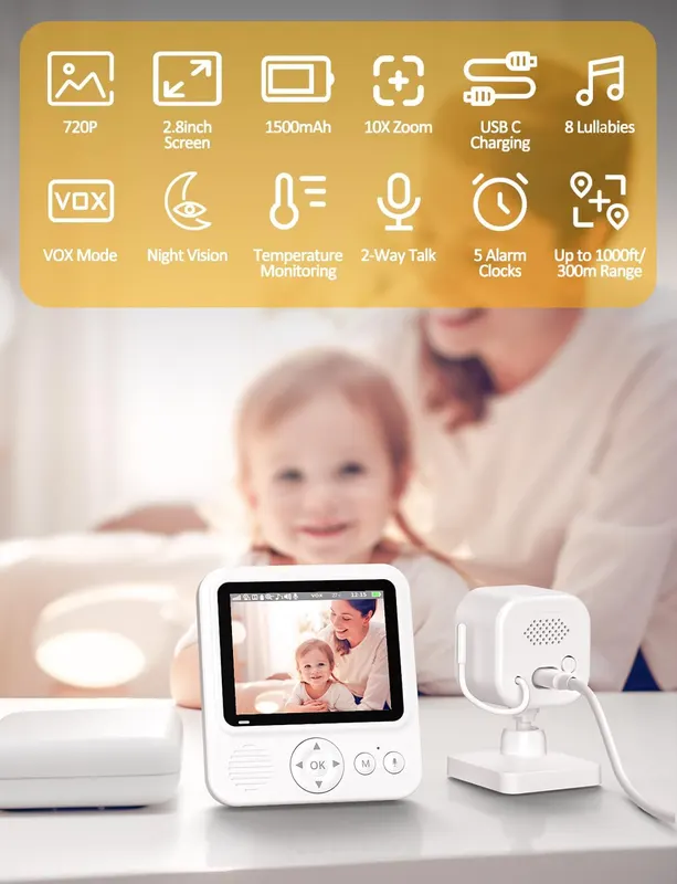 Baby Monitor 720P with Camera Night Vision Video 10x Magnification VOX Function 2-way Audio Rechargeable Battery Alarm Light Sensor