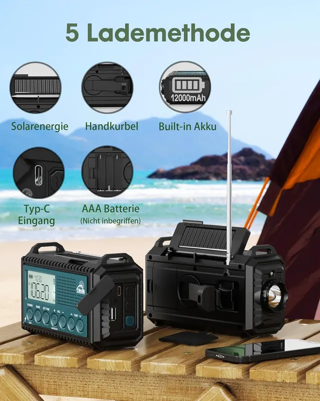 Аварійне радіо Roxicosly AM FM SW solar динамо power bank 12000mAh ліхтар туристичне