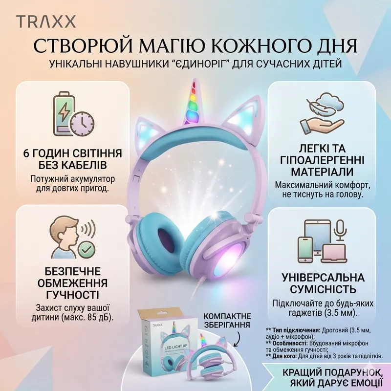 Навушники TRAXX з вушками LED підсвітка AUX 3.5мм дротові для дітей музика ігри рожеві