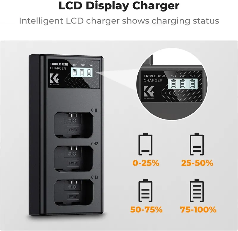 Зарядний пристрій K F CONCEPT для Sony NP FW50 3 слоти LCD дисплей USB швидка зарядка
