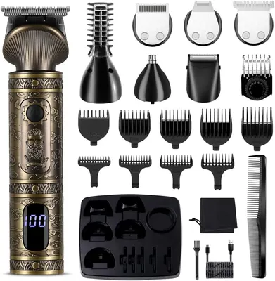 Beard Trimmer Kit Professional Hair Clipper Zero Gapped T-Blade Electric Shaver Razor Nose Body Trimmer for Men Cordless Grooming Kit 7 in 1