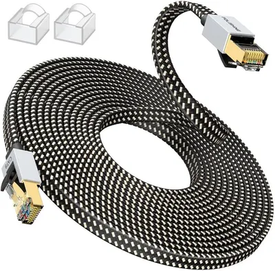 Ethernet-кабель Cat 8 10 м, плоский, 40 Гбіт/с, 2000 МГц, нейлонове обплетення, LAN RJ45