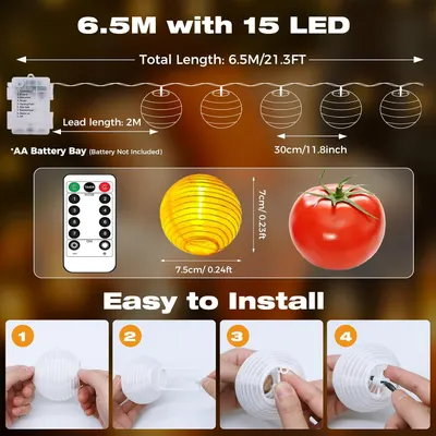 Светодиодная гирлянда 6.5 м, 15 LED, батарейки, таймер, 8 режимов, водонепроницаемая