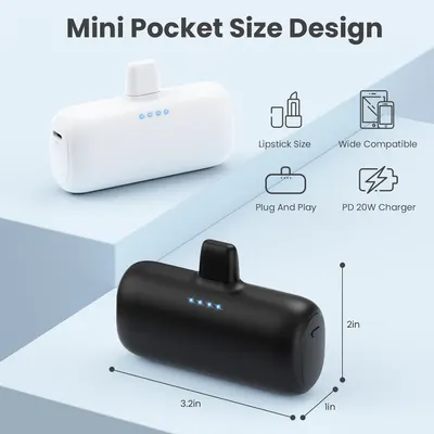 Міні Повербанк 5200мАг для iPhone, Компактний PD, Plug-in, Вбудований конектор, Чорний