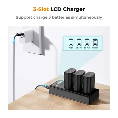 Набір K&F CONCEPT: 3 акумулятори LP-E6NH (2250mAh) + Потрійний ЗП, для Canon R7, R6, R5, 5D, 6D