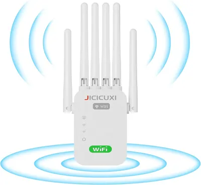 WLAN Amplifier, WiFi Repeater with 6 Antennas, 5,000 m² Coverage & 50 Devices, LAN Port, Access Point Mode, White