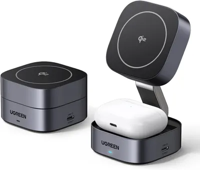 Магнітна зарядна станція UGREEN MagFlow Qi2 2-в-1 (Складна), 15W, Для iPhone/AirPods, Сіра
