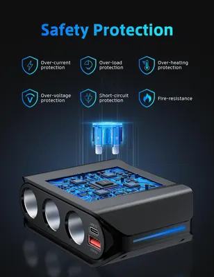 Розгалужувач прикурювача 7-в-1 (180W), USB-C PD 30W + QC 3.0, Вольтметр, Вимикачі