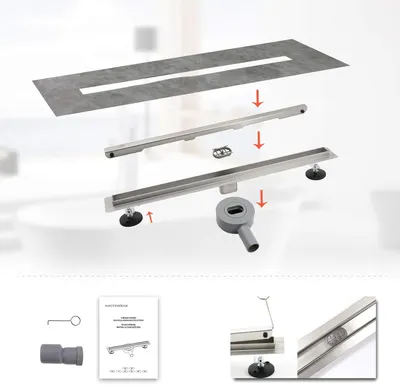 70 cm Linear Shower Drain, Narrow Panel Shower Drain with 360°Siphon, Brushed 304 Stainless Steel Linear Drain with Leveling Feet