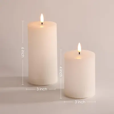Eywamage White Ribbed Flameless Pillar Candles with Remote, Flickering LED Wax Candles Battery Powered Set of 2