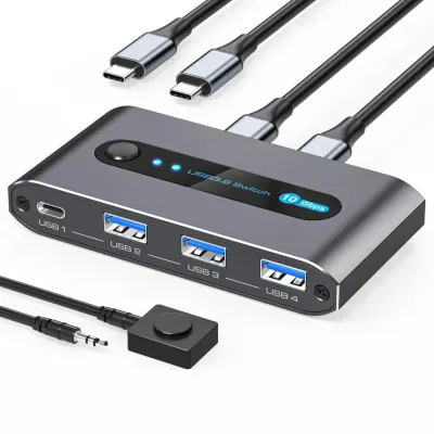 USB хаб KVM-перемикач PVBCTCSID 10Гбіт/с для 2 ПК: спільний доступ до 4 USB-пристроїв (клавіатура, миша, принтер)