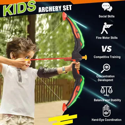 2 Pack Bow and Arrow for Kids Sports and Outdoor Play Toys Archery Set with LED Light Up 16 Arrows 1 Standing Target 2 Quiver Indoor Outdoors Toy for Age 4-12 Year Old Boy Girl Gift