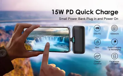 Компактний повербанк для iPhone, 5000 мАг, швидка зарядка PD, LCD-дисплей, чорний