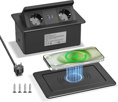 Висувна розетка для стільниці з бездротовою зарядкою 15W, USB-C PD 20W