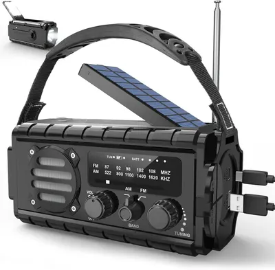 Portable Solar Radio with Crank, Crank Radio, Portable Dynamo Weather AM/FM Radio for Camping, Outdoor (Black)